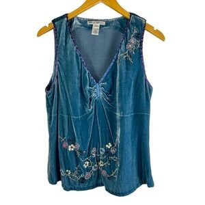 Blue Velvet Embroidered V-Neck Tank Top